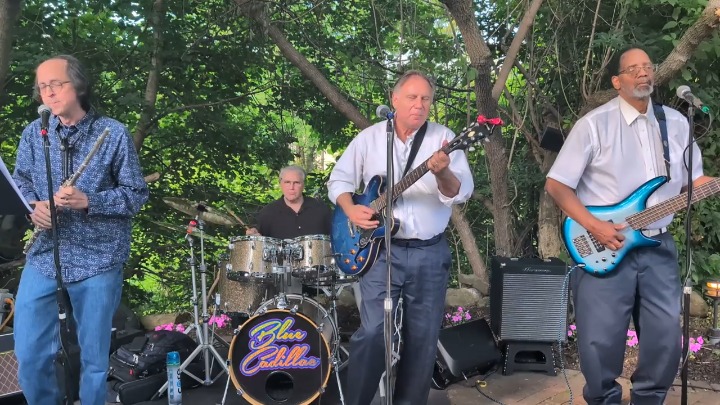 The four members of Blue Cadillac Band performing live outdoors