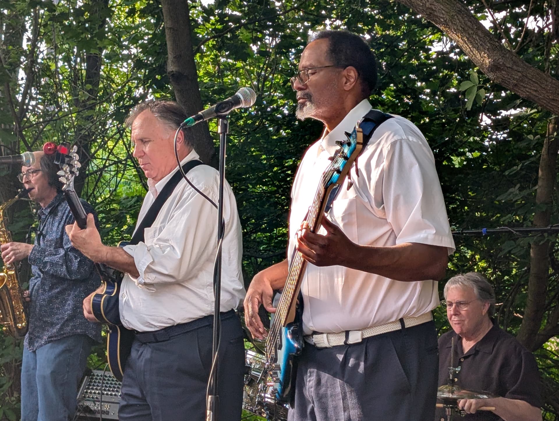 Blue Cadillac Band performing live outdoors — saxophone, guitar, bass and drums